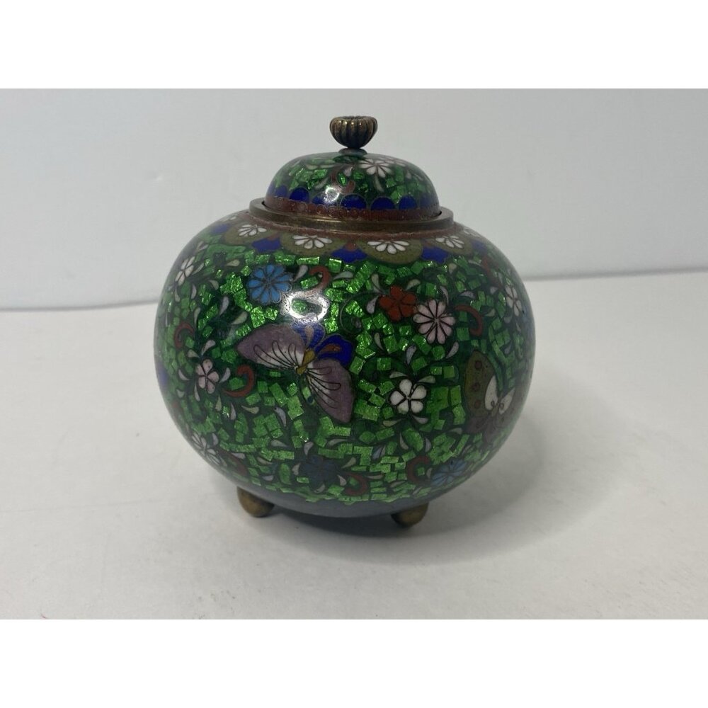 Antique Japanese Cloisonne Enamel Footed Jar‎ Vessel Green Foil Butterfly READ